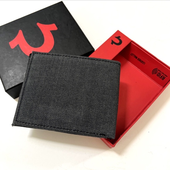 NWT True Religion Reece Denim Leather L-fold Wallet Black Gray Stitch Logo Boxed - Picture 4 of 8
